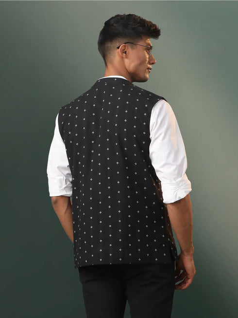 Vastramay Men's Black Jacquard Cotton Nehru Jacket
